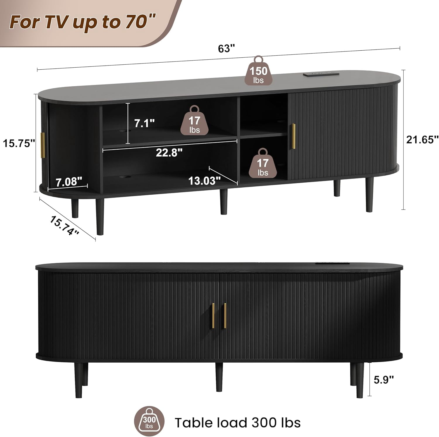 63 Inch Mid-Century Modern TV Stand with Power Outlet for TVs up to 70 Inches, Entertainment Center with Sliding Doors, Adjustable Shelves and Storage, Media Console for Living Room, Black