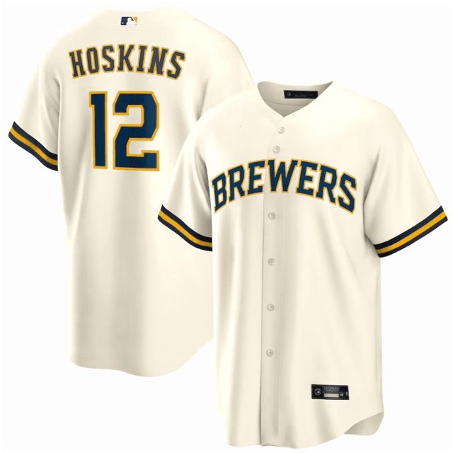 Camiseta clásica de béisbol local de Rhys Hoskins, color crema, de los Milwaukee Brewers, con número de estrella bordado.-M