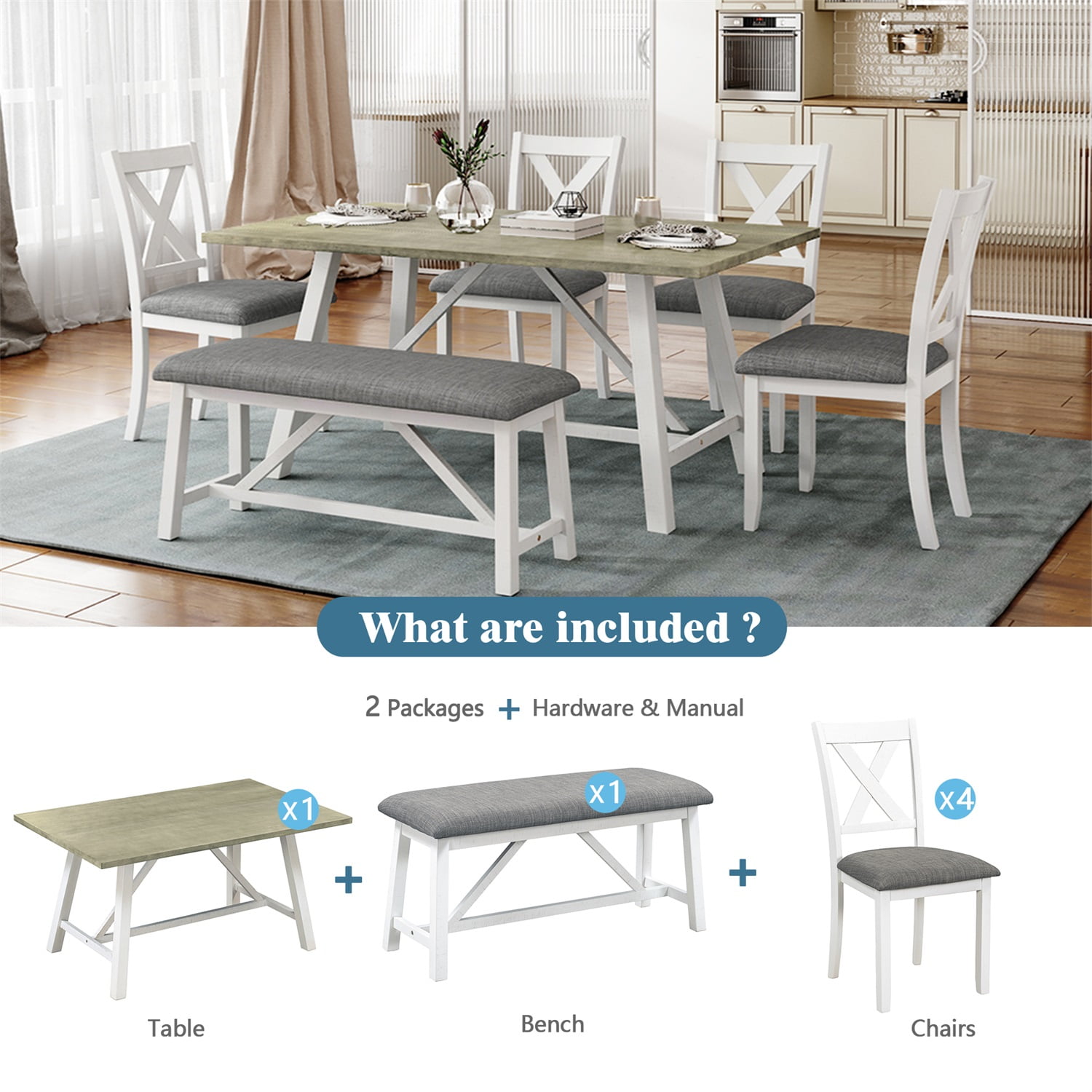 Kadyn Dining Table Set for 6, Kitchen Table Set with Table, Bench and 4 Chairs, 6 Piece Dining Table Set for Home, White Kadyn Dining Table Set for 6, Kitchen Table Set with Table, Bench and 4 Chairs, 6 Piece Dining Table Set for Home, White