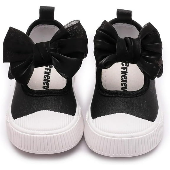 Toddler Girl's Canvas Sneakers Bowknot Mary Jane Flat Shoes for Baby Kids School Uniform Dress Shoes