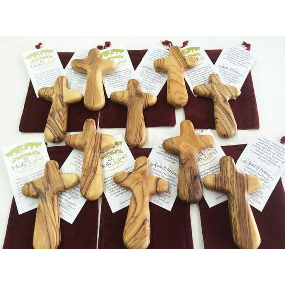 10 Olive Wood Holding Crosses comes with Velvet Bag & Certificate