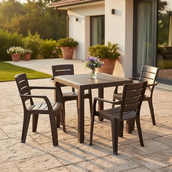 Comedor Plástico 4 Sillas Apilables 1 Mesa Apariciencia Madera Interior Exterior Ideal Patio Jardín Terraza Alberca Playa RIMAX