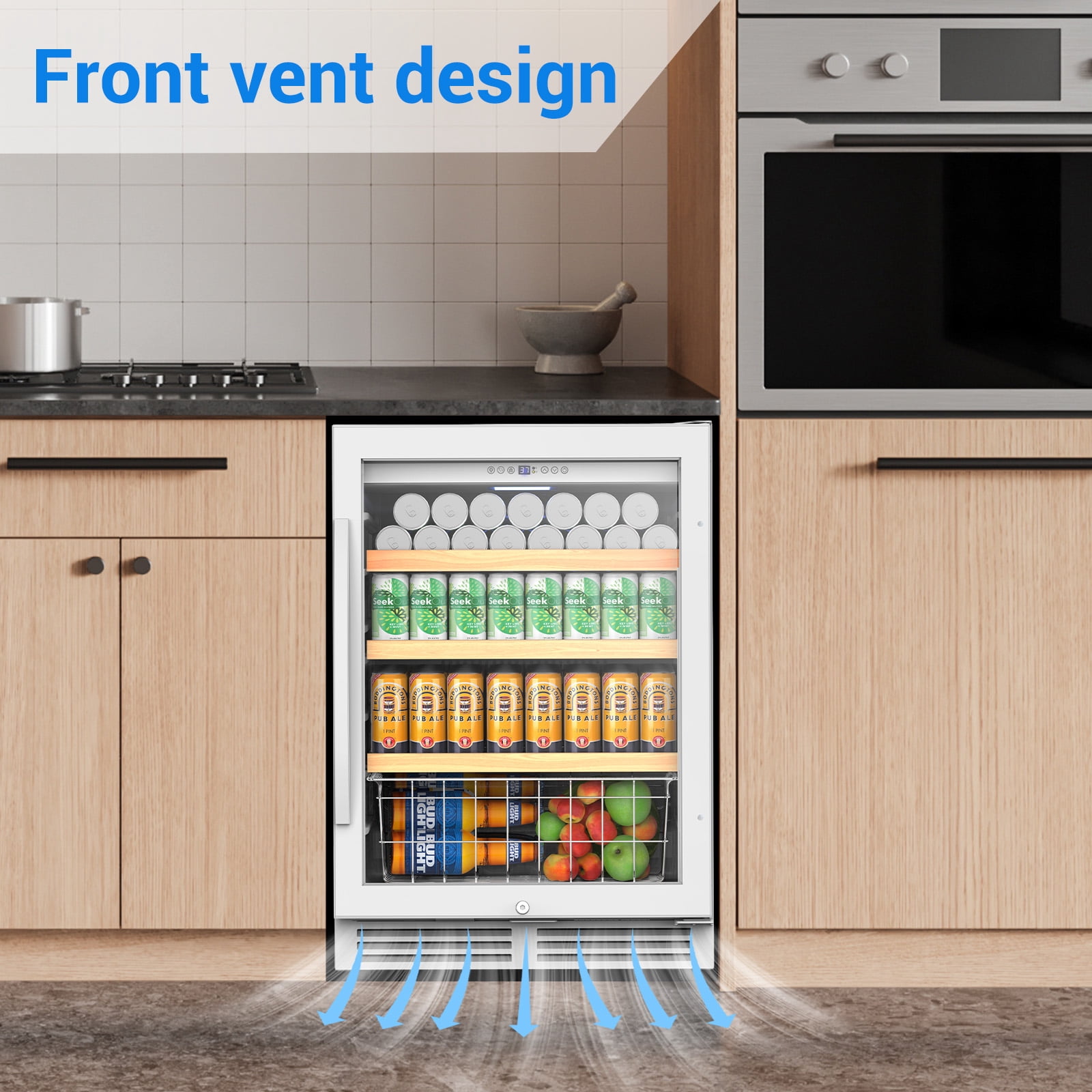 TITTLA 24 inch Beverage Refrigerator,180 Cans Under Counter Beverage Cooler with Glass Door for Kitchen Bar Office,White