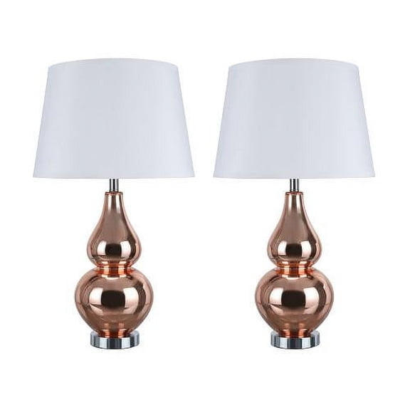 Aspen Creative 40026, Two Pack Set 26" High Modern Glass Table Lamp, Red Copper with Chrome Base and Hardback Empire Shaped Lamp Shade in White, 15" Wide
