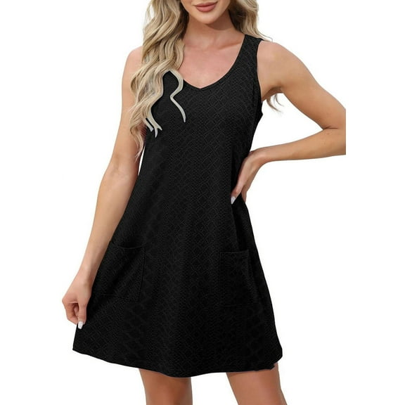 Women Sleeveless V Neck Eyelet Beach Sun Dress Casual Summer Short Swing Dresses with Pockets Black XXL