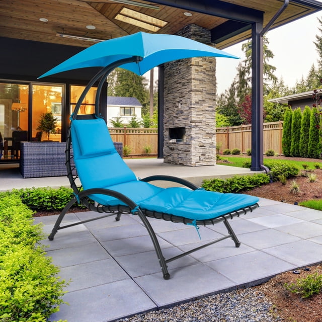 CorLiving Alora Steel Frame Outdoor Lounge Chair with Removeable Cushions and Canopy, Blue