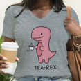 thumbnail image 3 of Camiseta divertida con estampado de dinosaurio Tea-rex para mujer, camisetas casuales de verano de manga corta, camisetas con cuello en V con estampado de dinosaurio lindo, 3 of 5