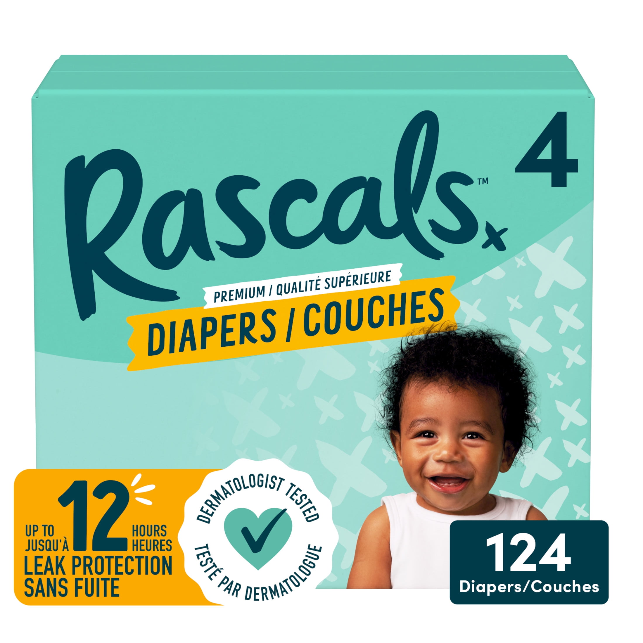Rascals Premium Absorbent Baby Diapers, Size 4, Carton, 124 Count