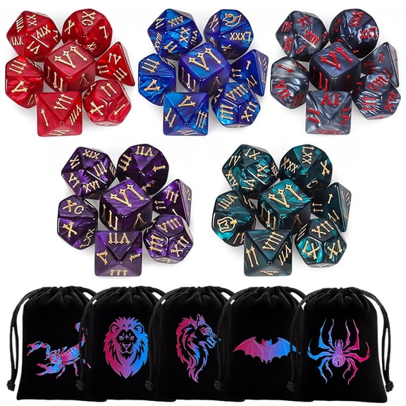 SWAJUJA 5 Sets Polyhedral Dice - 5 X 7 (35 Pieces) DND Dice with 5 Drawstring Bags, Roman Number Pattern D4 D6 D8 D10 D% D12 D20, Great for Dungeons and Dragons, RPG, MTG,Role Playing Table Games