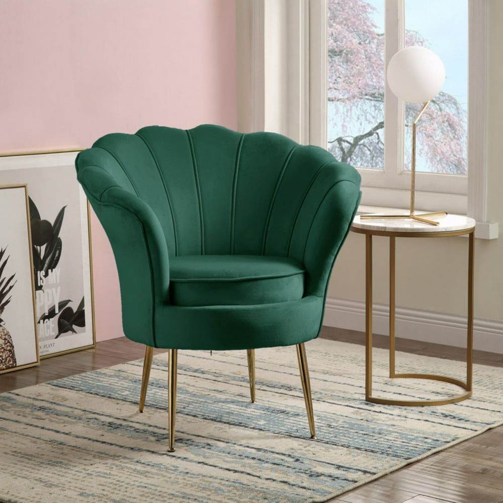 34" Angelina Green Velvet Scalloped Back Barrel Accent Chair with Metal