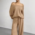 thumbnail image 4 of VV AVEORS Women 2 Piece Outfit Matching Sweat Sets Off The Shoulder Knit Set Lounge Top Wide Leg Sweatpants Tracksuit Camel 2XL, 4 of 6