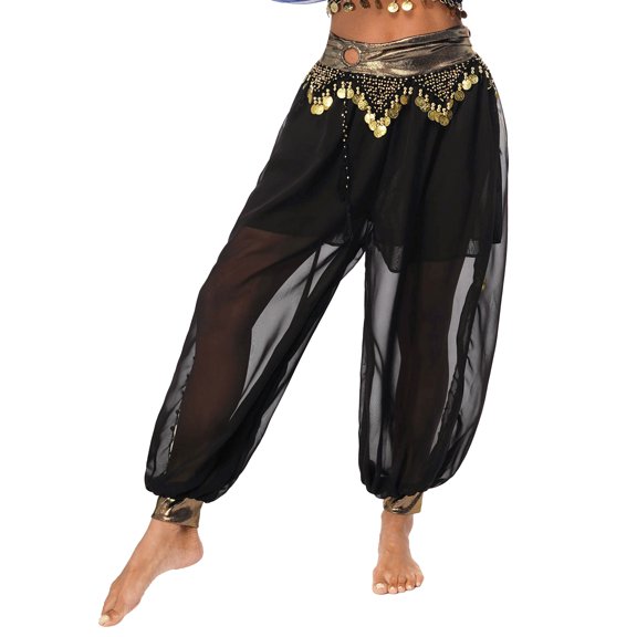 YONGHS Women's Belly Dance Arabic Performance Harem Pants Chiffon Shiny Beads Tassel Trousers Black One Size