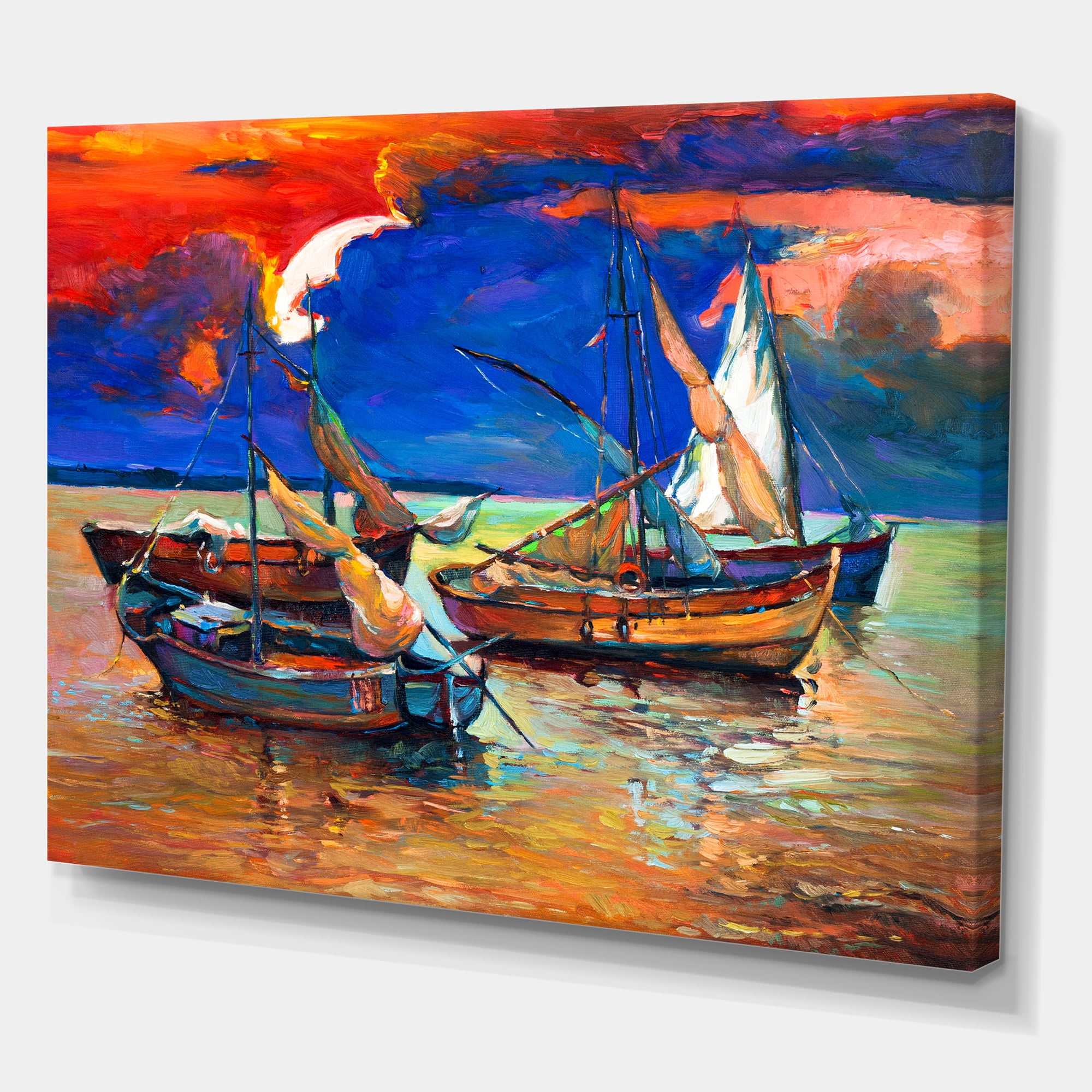 Designart ' Boats On The Water With Dark Blue Sky I ' Lake House Canvas Wall Art Print