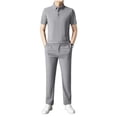 thumbnail image 3 of VBVC Men's 2 Piece Business Outfit Set with Pockets,Collared Short Sleeve Shirt and Drawstring Pants For Men,Gray,M-4XL, 3 of 7