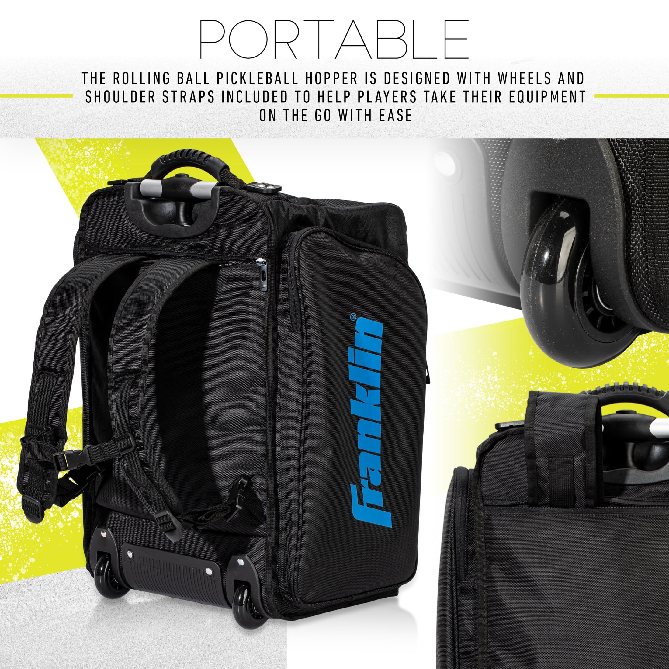 Franklin Sports Portable Pickleball Hopper Bag + Caddy - Pickleball Ball Retriever + Storage Bag - 100 Ball Rolling Hopper Basket for Pickleballs - Pickleball Training Equipment + Accessory