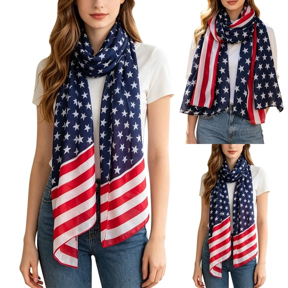Helii Women's American Flag Scarf Lightweight Chiffon Patriotic Scarves 4th of July Red White Blue Neck Scarves Large Star Stripe Wrap Shawl for Independence Day Summer Beach Vacation