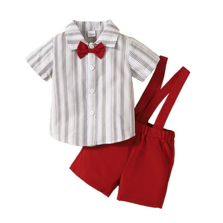 

Kucnuzki 18 Months Baby Boy Summer Outfits Shorts Sets 24 Months Short Sleeve Stripe Prints Gentle Lapel Collar Shirt Tops Suspender Shorts 2PCS Set Red