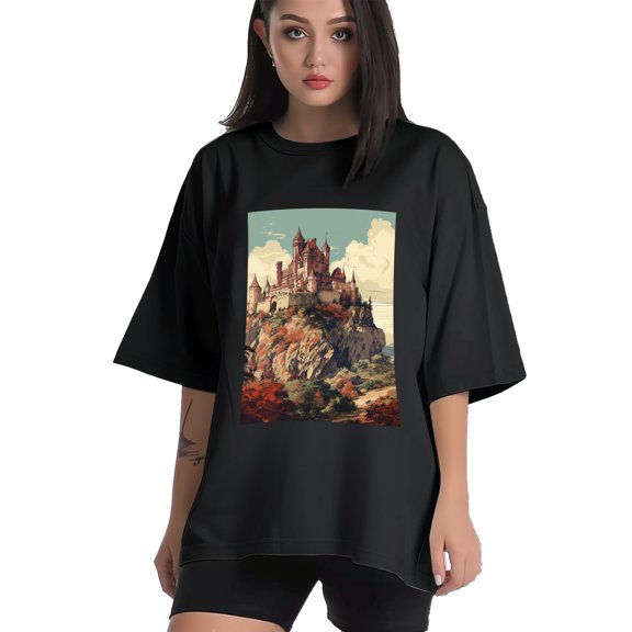 Plus Size Shirt for Women Black Tops for Women Short Sleeves Shirt for Women Castle (96） T Shirt Crewneck Shirt for Women XS