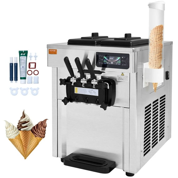 VEVOR Commercial Ice Cream Machine, 18-28 L/H Yield, 1850W 3-Flavor Countertop Soft Serve Ice Cream Maker, 2 x 5.5L Stainless Steel Cylinder, LED Panel Auto Clean Pre-cooling, for Restaurant Bars