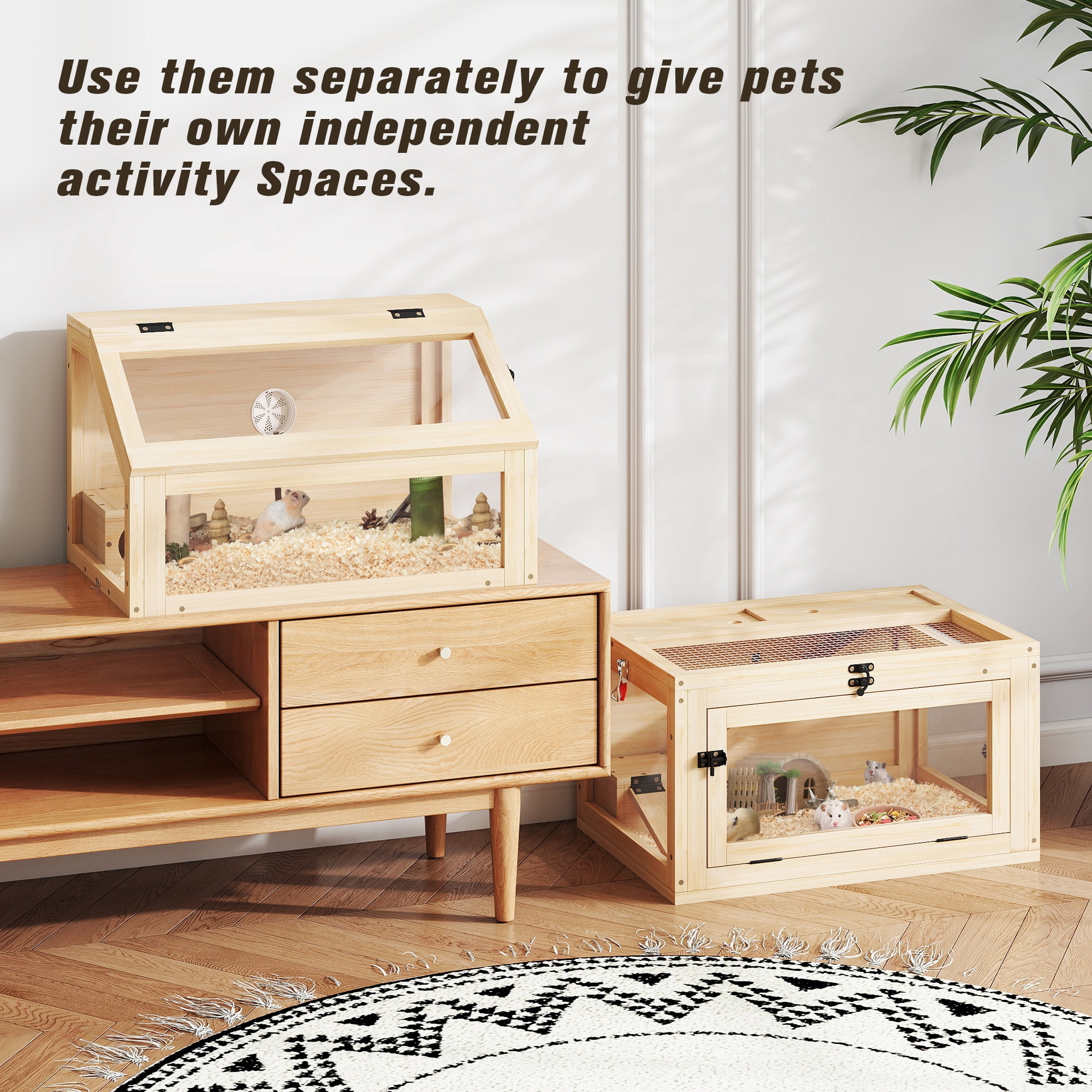 COZIWOW 2-Tiers Wood Hamster Cage with Hideouts, Ramps, Acrylic Window, Door Access for Small Animals, Natural