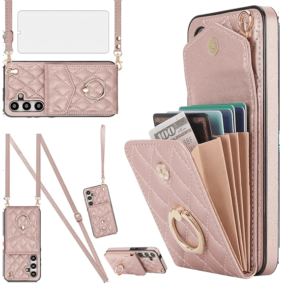 Asuwish Compatible with Samsung Galaxy A55 5G Wallet Phone Case Tempered Glass Screen Protector and Crossbody Wrist Strap Ring RFID Card Holder PU Leather Cell Cover for A 55 55A A555G Women RoseGold