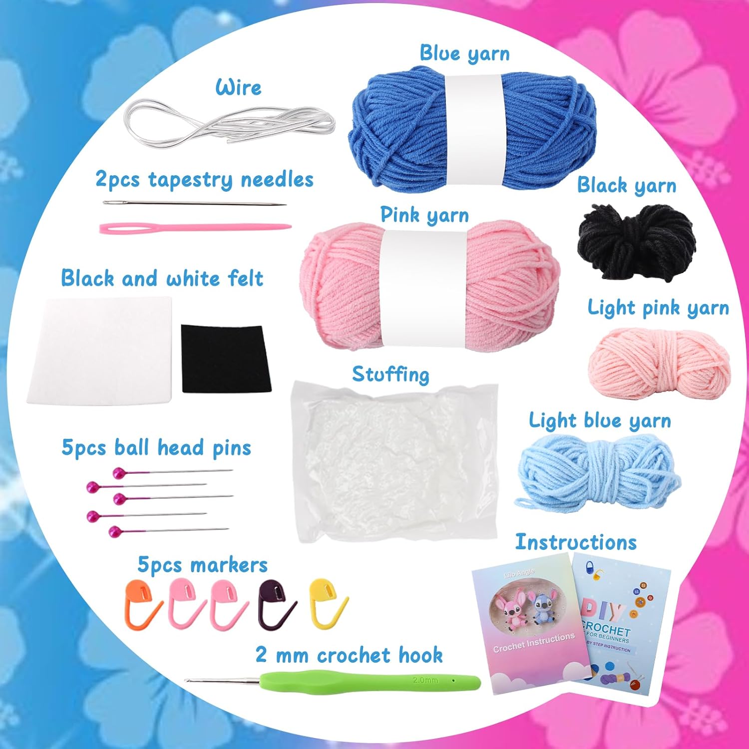 Crochet Kit for Adults,Knitting Kits Hooks Yarn Set with Step-by-Step Video Tutorials (Blue Pink)