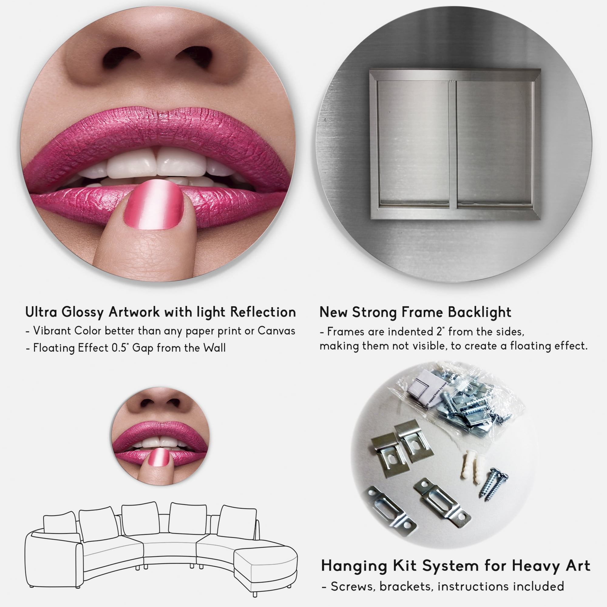 Designart 'Pink Female Lips With Finger On Mouth' Modern Circle Metal Wall Art 36x36 - Disc of 36