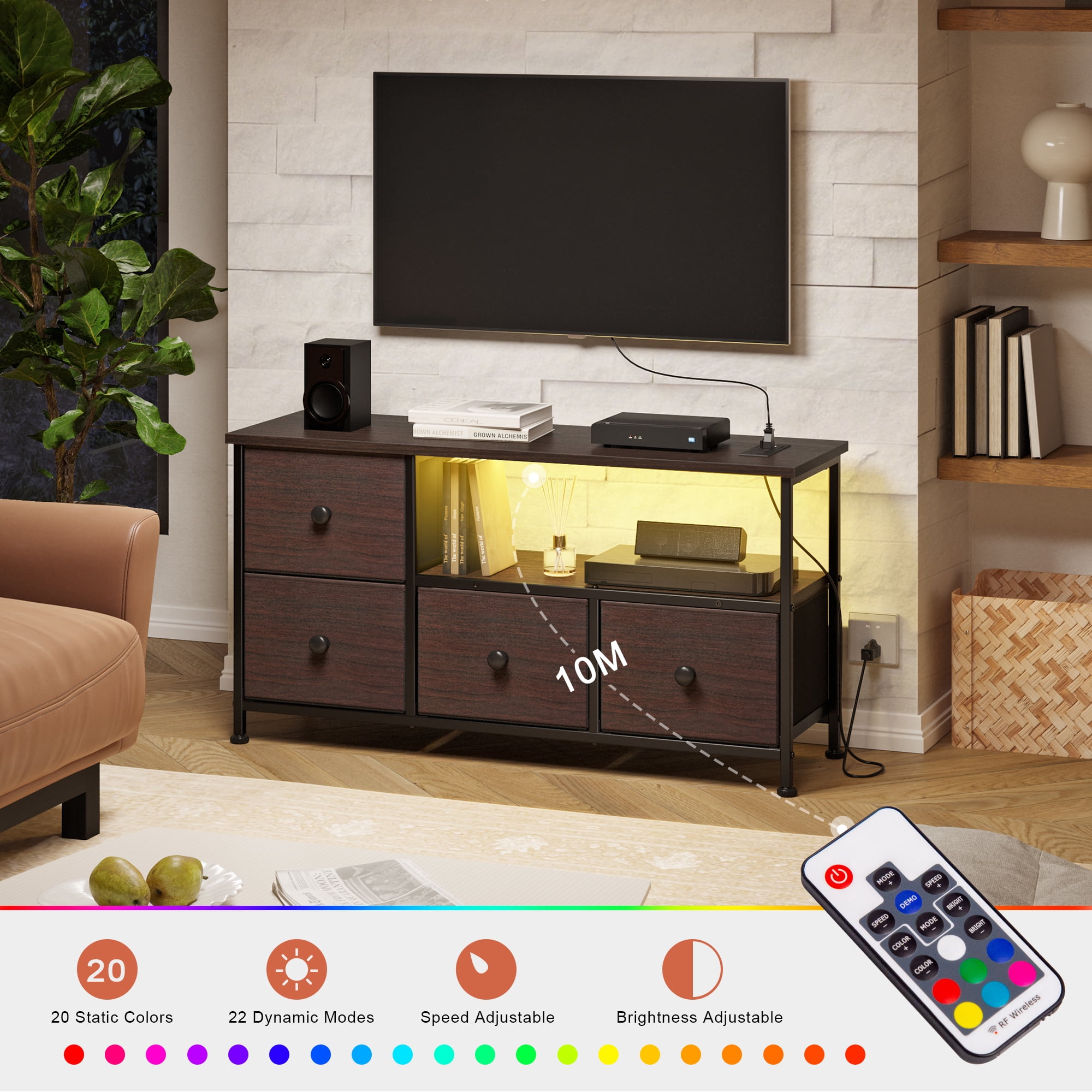 GUNAITO TV Stand for 45 inch with LED Light Power Outlet TV Cabinet Fabric Large Drawers Dark Brown