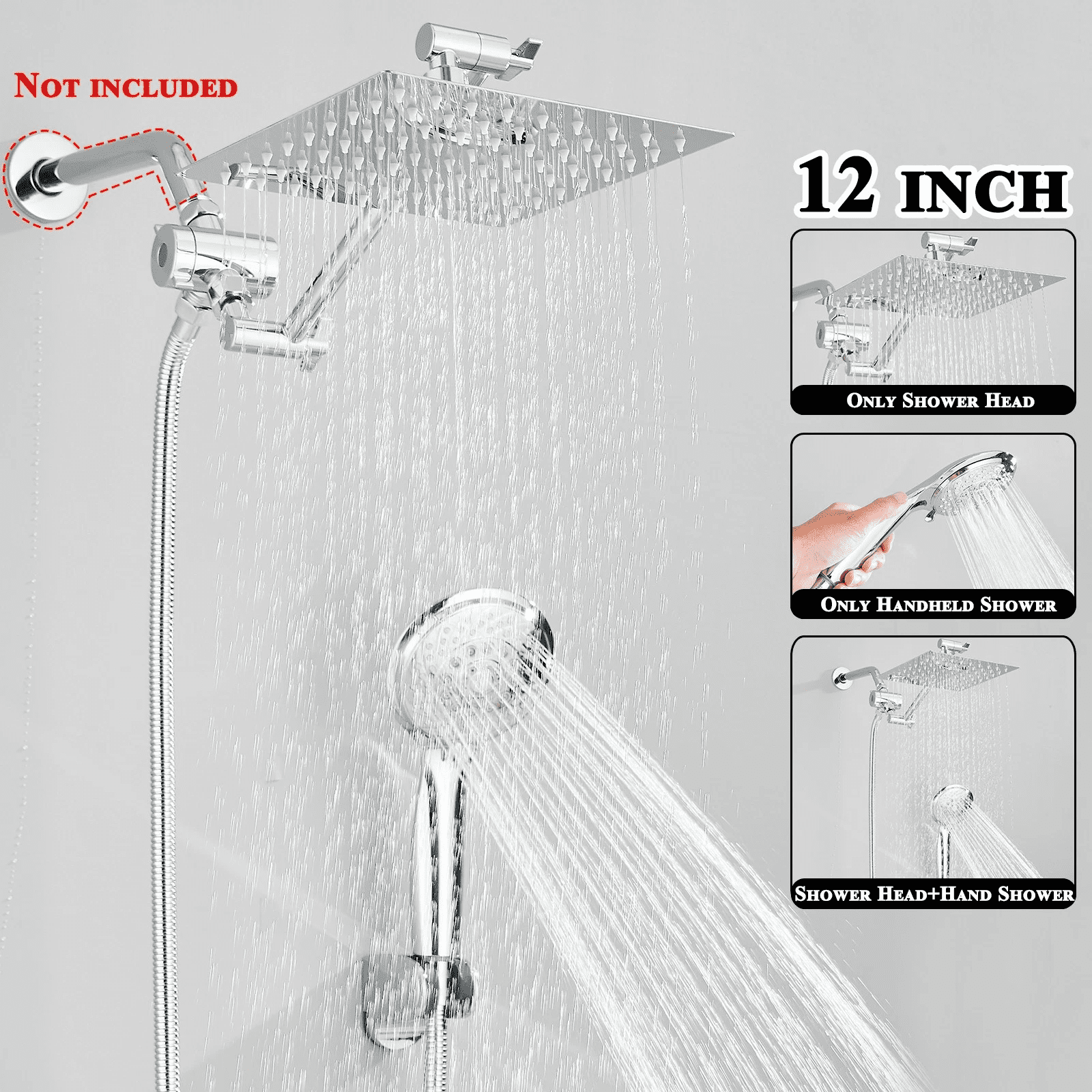 Zovajonia Chrome Rain Shower Head Combo Includes 12-inch Square High-Pressure Rain Shower Head Three-Setting Handheld Spray and Adjustable Arm