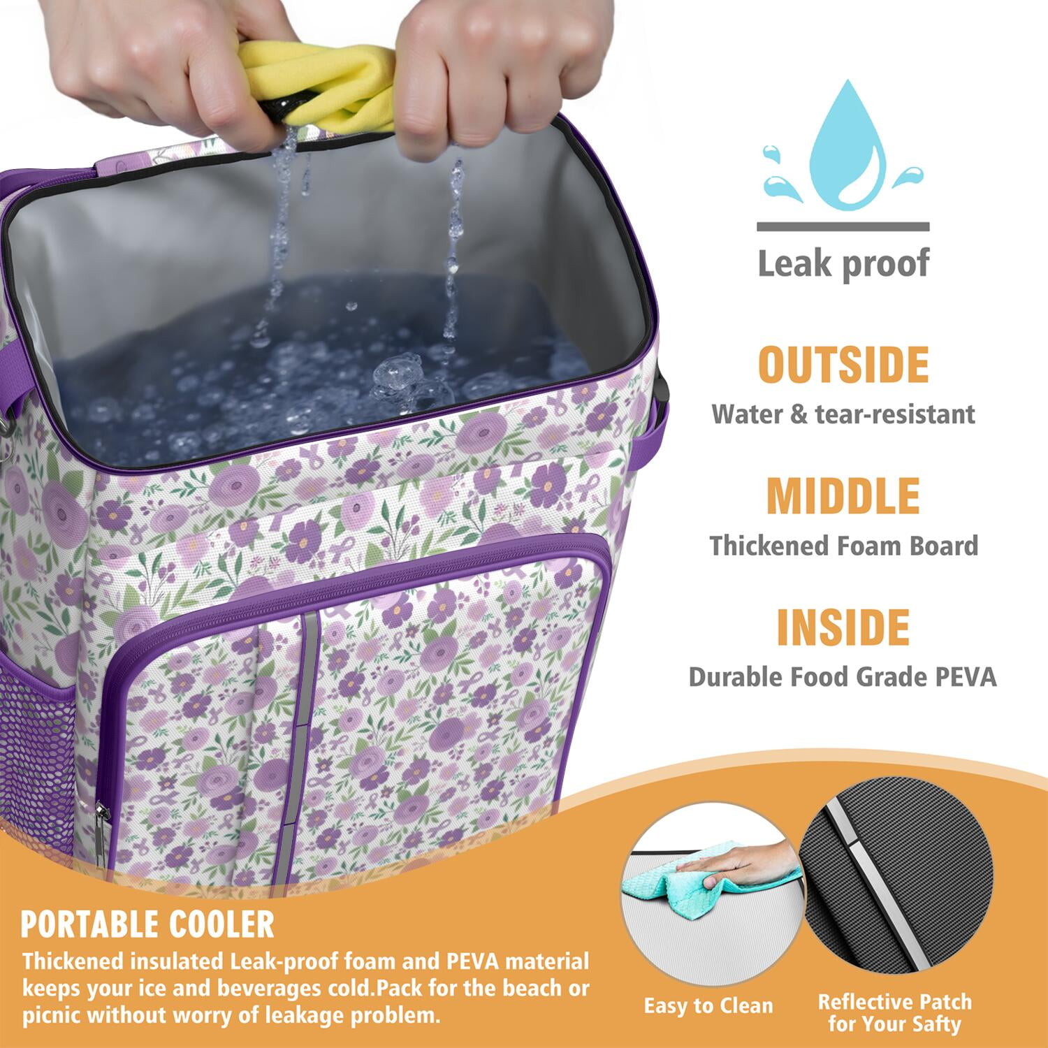 Travel Cooler Bag - Pioneer Flower Floral Print Pattern Camping Beer Cooler Backpack with Bottle Opener- Waterproof Insulated Picnic Backpacks - Cooler Bag for Beach