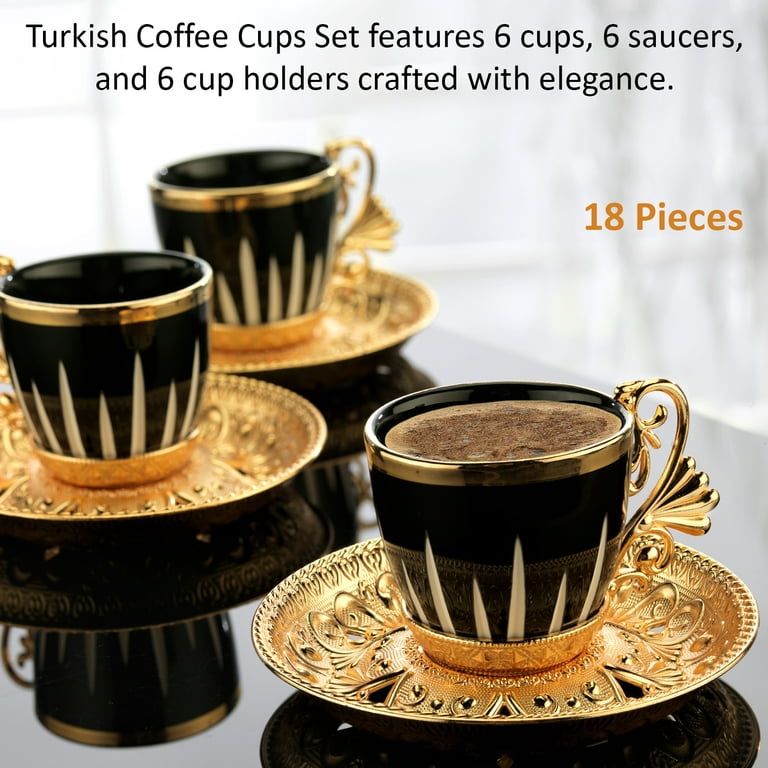 Set of 6 Porcelain Espresso Cups 3 Oz Arabic/greek/turkish Coffee Cups Set  Gold Rimmed Black Cups Set With Handle Coffee Cup Set With Saucer 