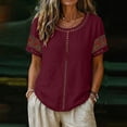 thumbnail image 2 of Ashirexll Summer Tops for Women Casual Linen Blouse Short Sleeve Floral Embroidery Lace Detail Summer Top for Daily, 2 of 7