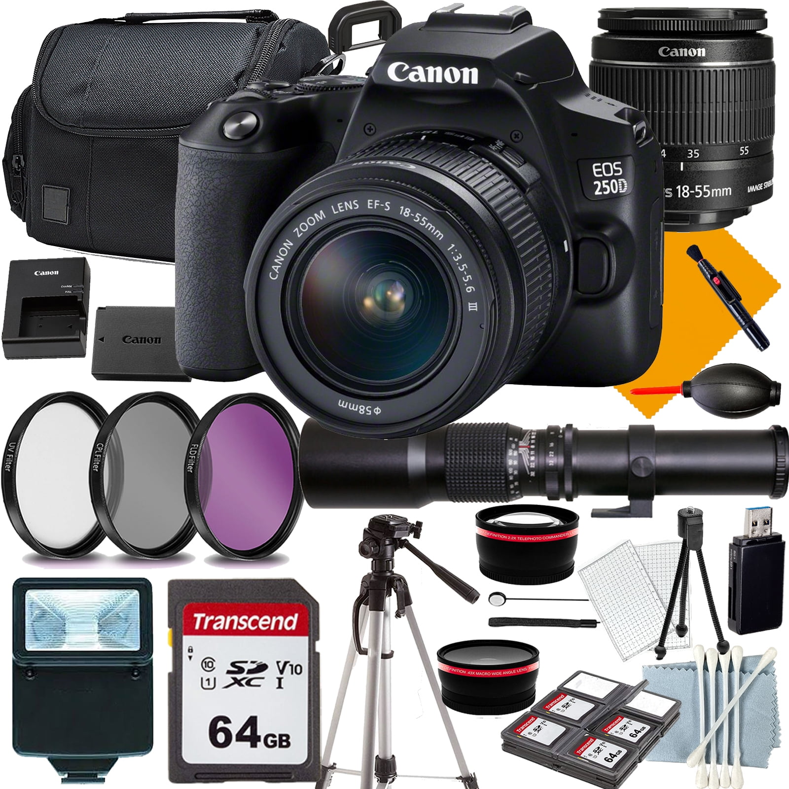 Canon EOS Rebel 250D Camera with 1855mm+500mm f/8.0 Telephoto Lens for