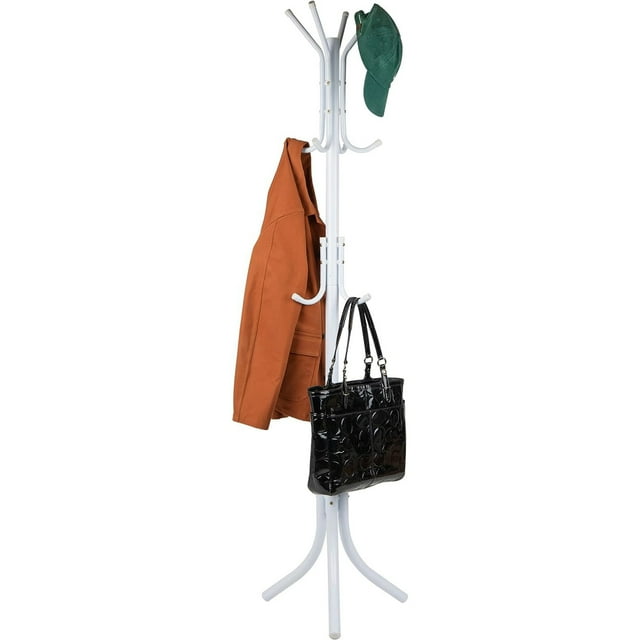 SUSUZI 5.7ft Metal Coat Rack Freestanding, 3-Tier Entryway Coat Tree with 12 Hooks, 60LBS Capacity Triangle Stable Stand for Bedroom Living Room Hallway, White