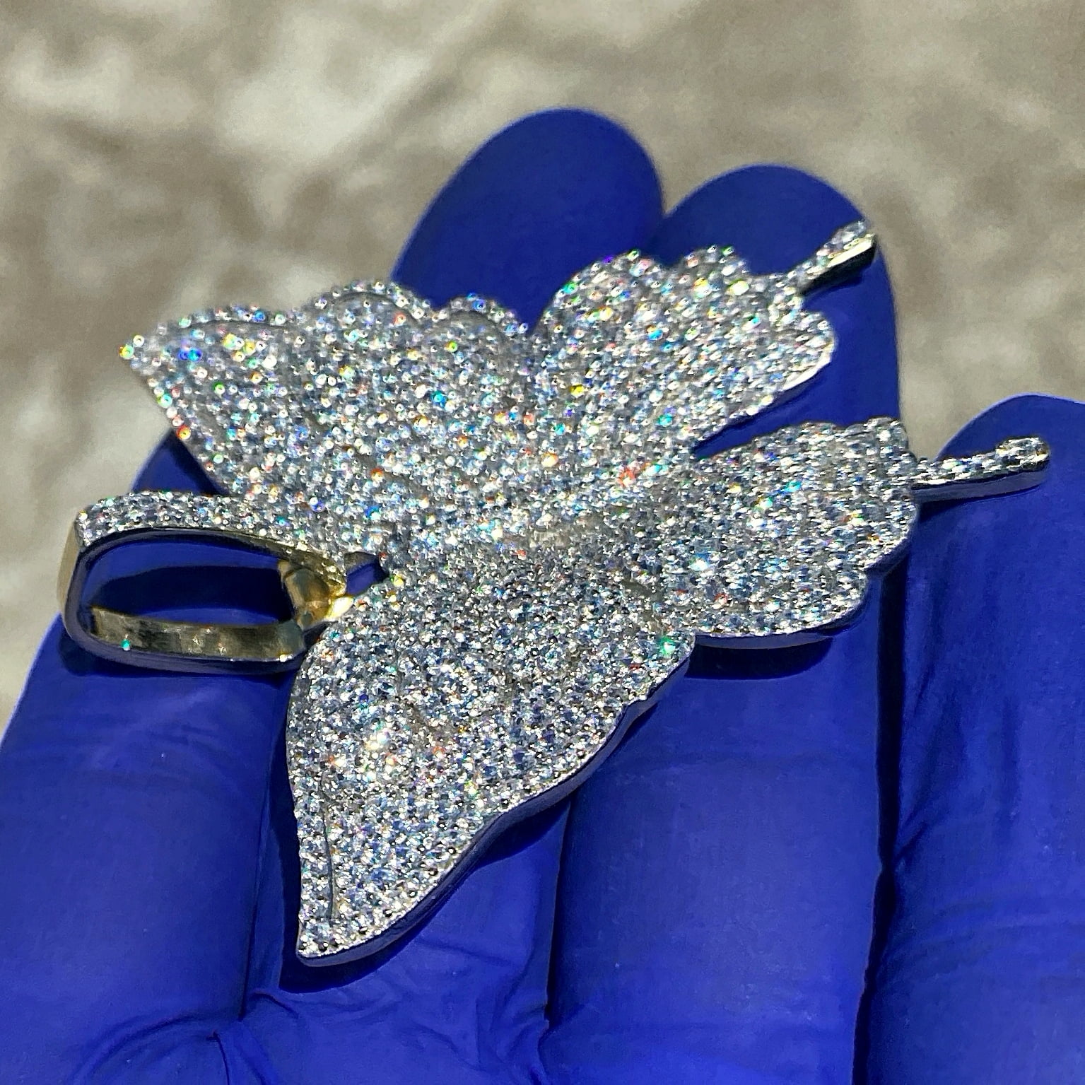 Real 925 Sterling Silver w/Gold Finish Flooded Micro Pave Iced Bling Butterfly Pendant Large 2.5" Inch