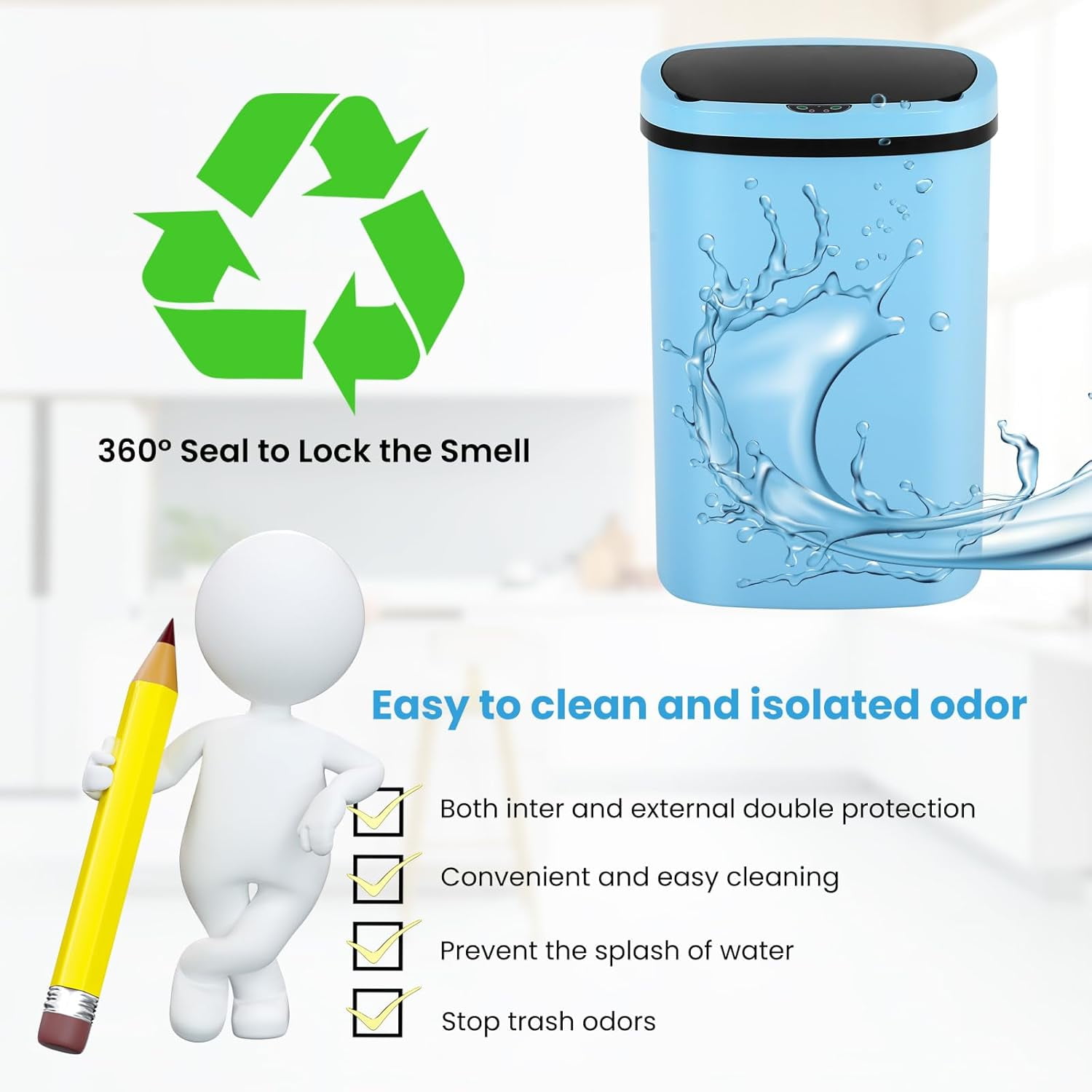 13 Gallon Trash Can Kitchen Trash Can Automatic Garbage Can with Lid Plastics Trash Bin Touch Free Motion Sensor Garbage Bin for Kitchen Bathroom Wateproof Trash Can, Blue