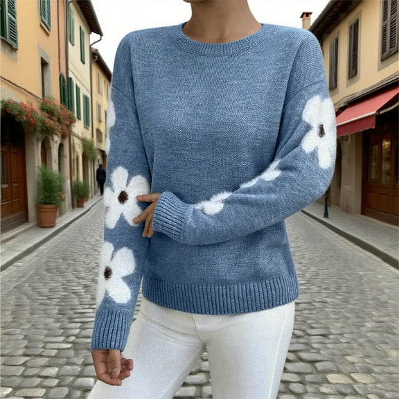 AGWOLF Ribbed Knit Sweaters for Women Cute Floral Graphic Pullover Sweater Dressy Mock Neck Long Sleeve Top