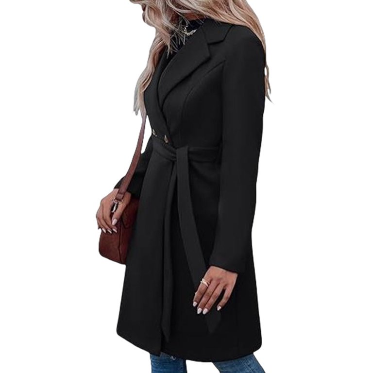 women's a line dress coat Atogsazn Women A Line Peacoat Dress Coat Casual Long Sleeve Belted Notch Lapel Overcoat Fall Winter Trench Coats Fashion Black XXL, Women's, Size: 2XL