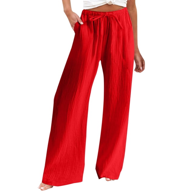 AherBiu Wide Leg Pants Woman Loose Casual Elastic Waist Drawstring Straight Solid Color Lounge Vacation Trousers