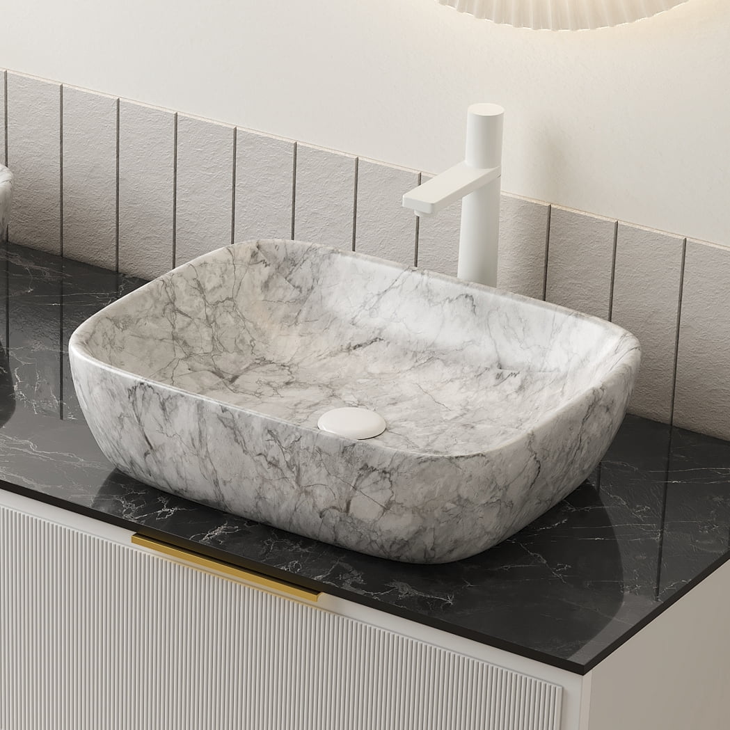 19'' Bathroom Ceramic Sink without Cabinet, Volakas White Marble
