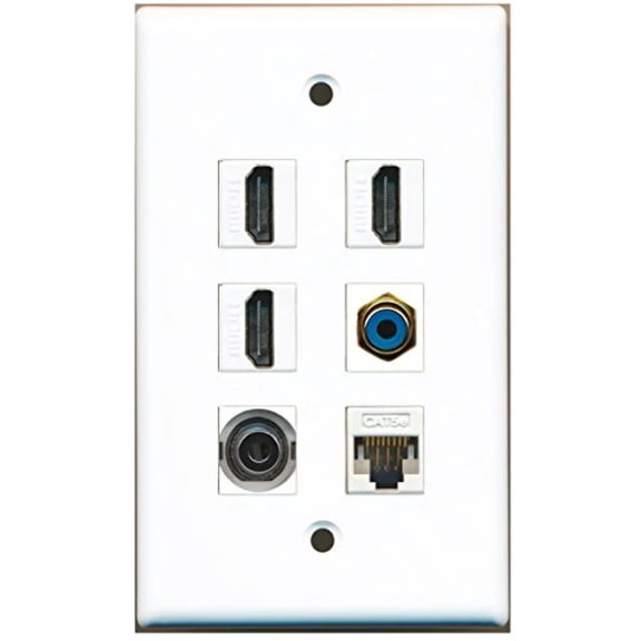 RiteAV - 3 HDMI 1 Port RCA Blue 1 Port 3.5mm 1 Port Cat5e Ethernet White Wall Plate
