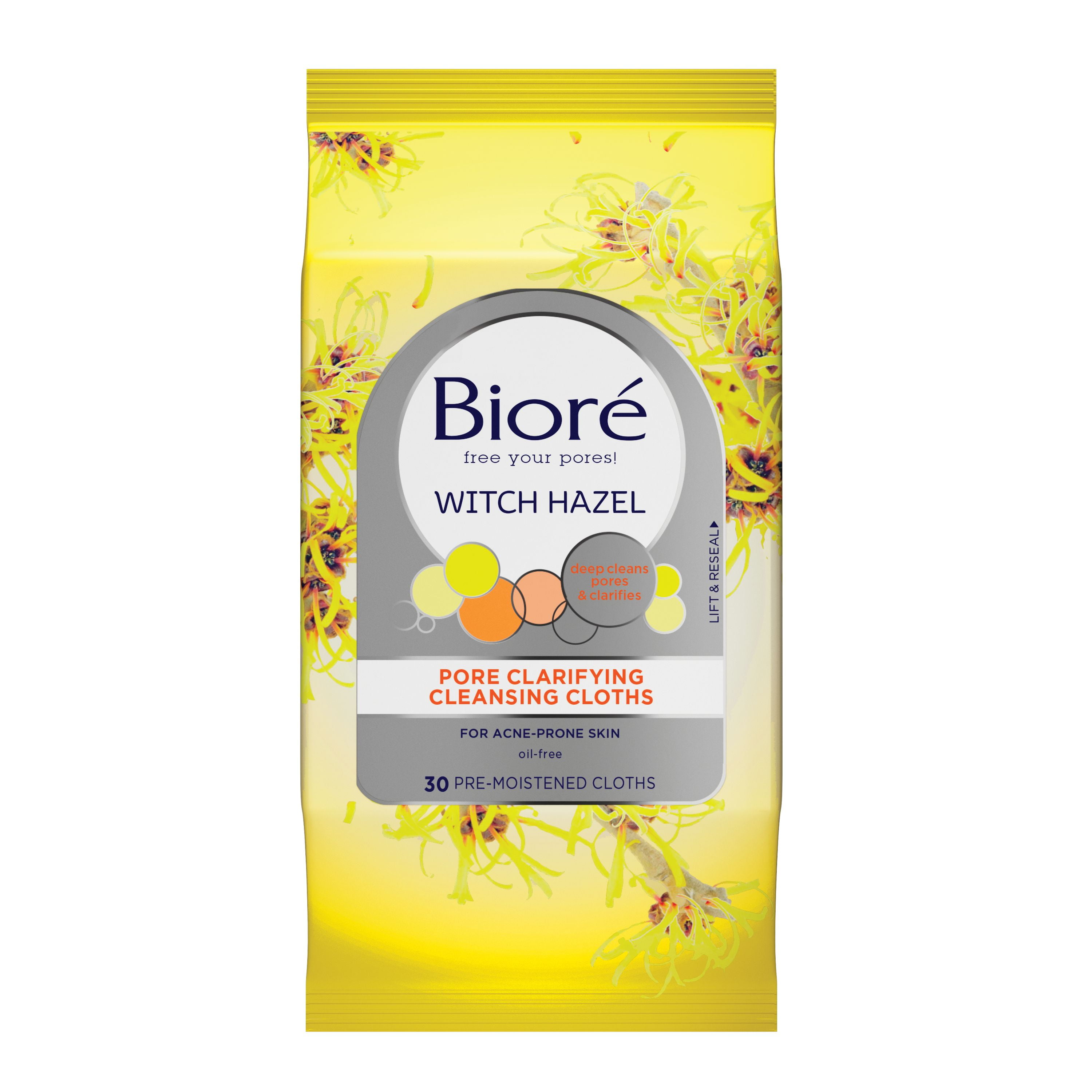 Biore Witch Hazel Pore Clarifying Cleansing Cloths, for Acne Prone Skin