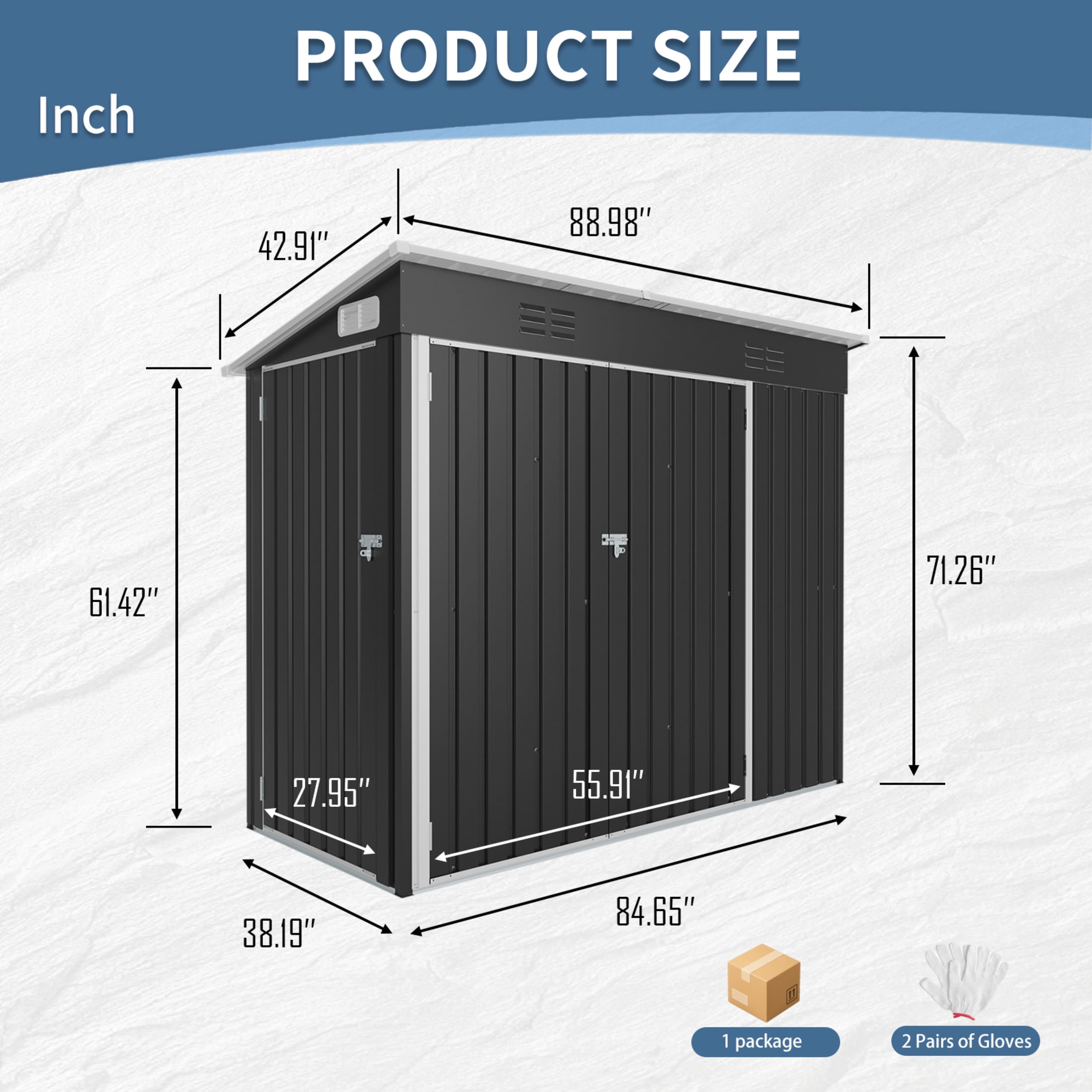 Noble House 4x8 FT Galvanized Steel Outdoor Storage Shed, Weatherproof 3-Door Metal Utility Shed, Black