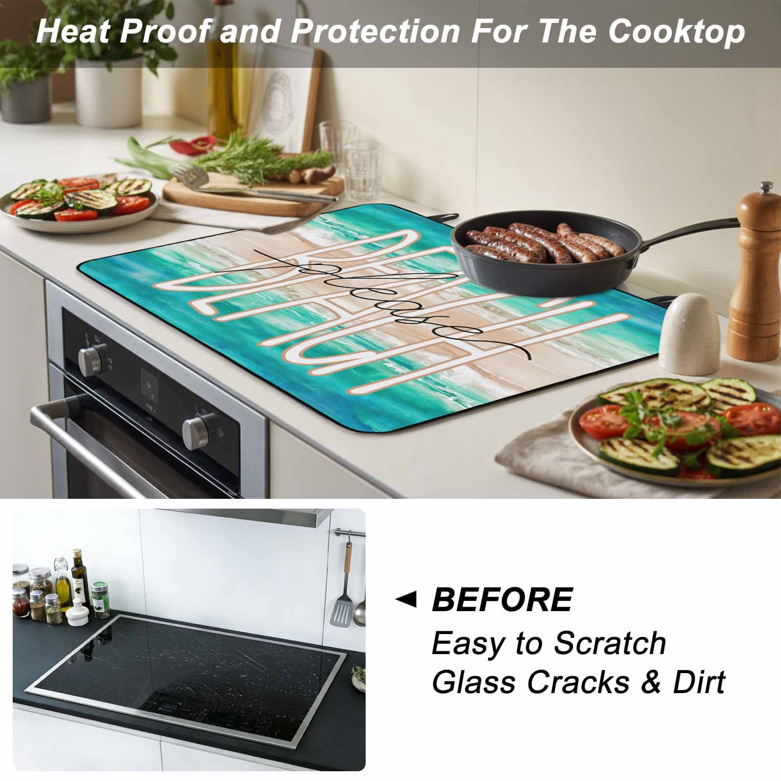 Summer Turquoise Beach Stove Top Cover for Electric Stove, Heat-proof & Non Slip Glass Top Stove Cover Protector, Sand Coastal Waves Gradient Kitchen Flat Cooktop Rubber Mat 24x21 Inches