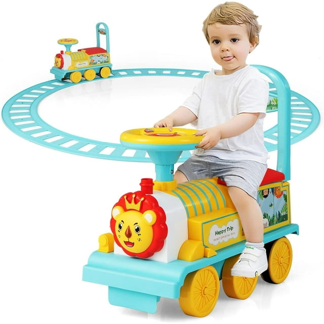 OLAKIDS Train à Chevaucher pour Enfants avec Rails, Jouet Électrique 6 V avec Lumières et Sons, Repose-Pieds Rétractable, Rangement sous le Siège, Thème de Noël, Cadeau à Pile pour Tout-Petits Garçons Filles