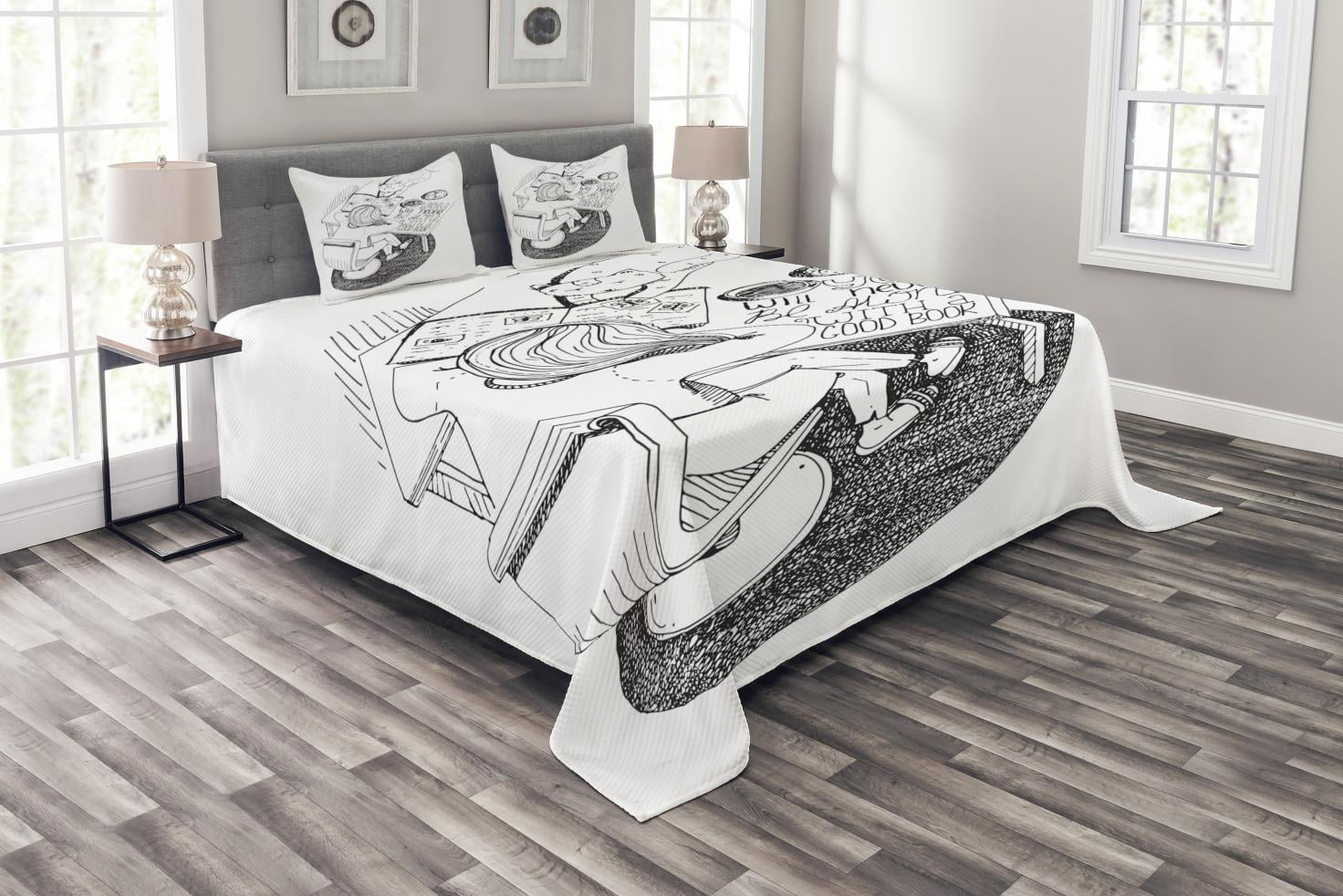 Book Bedspread Set King Size, Girl and Cat Reading Book on Desk Hand