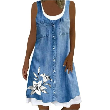 

asdoklhq Maternity Dress Fashion Women Casual Sexy Round-Neck Floral Printing Fake Two-Piece Sleeveless Dress