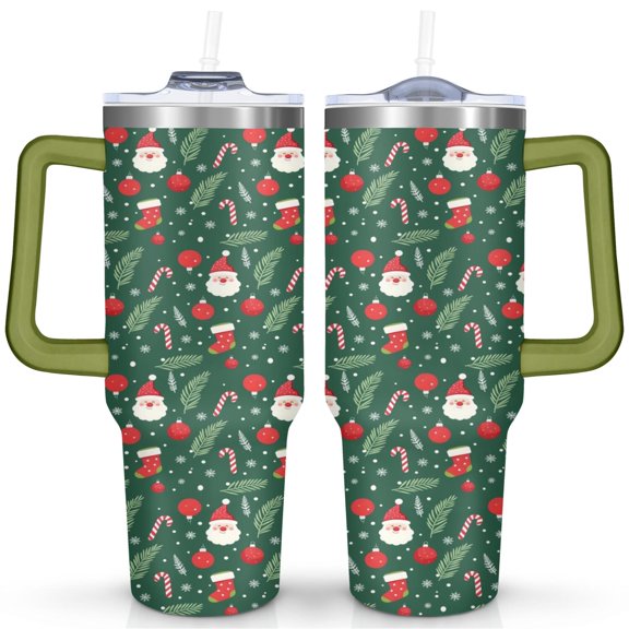 Santa Walking Stick Candy Snowflakes 40 Oz Tumbler with Handle Lid and Straw Stainless Steel Double Walled Vacuum Insulated Cup Merry Christmas Gifts Tumbler for Women Men Friends Outdoor Indoor