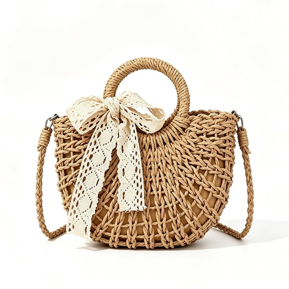 Women's Straw Crossbody Bag with Bow Detail, Woven Shoulder Bag for Summer Beach Vacation and Casual Outings