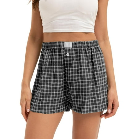 Women Pajamas Shorts Micro Boxer Shorts Cute Gingham Sleep Lounge Shorts Checkered Plaid Button Pj Mini Shorts